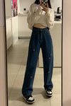High Waist Red Daisy Embroidered Long Jeans Pants