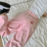 Back Cute Pocket Embroidered Sweet Pink Jeans Pants