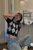 Retro Argyle Pattern Knitted Cropped Sweater