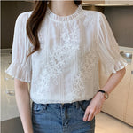Short Sleeve Embroidery Lace Chiffon Blouse Shirt
