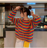 Rainbow Striped Casual Cropped Sweater