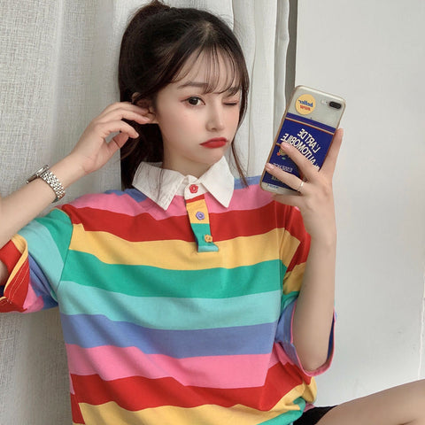 Colorful Rainbow Striped Collar Shirt – Nada Outfit Land