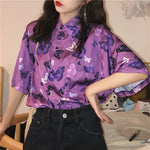 Retro Butterfly Printed Short Sleeve Purple Blouse Shirt