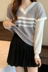 Long Sleeve V-Neck Striped Ruffle Sweater