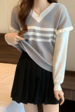 Long Sleeve V-Neck Striped Ruffle Sweater