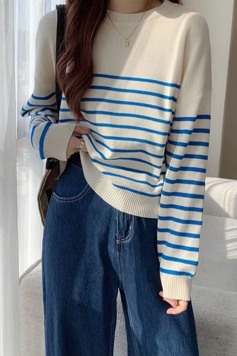 Long Sleeve O-Neck Striped Knitted Sweater – Nada Outfit Land