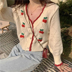 V-Neck Elegant Cherry Pattern Cardigan Sweater