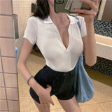 Deep V-Neck Knitted Cropped Shirt