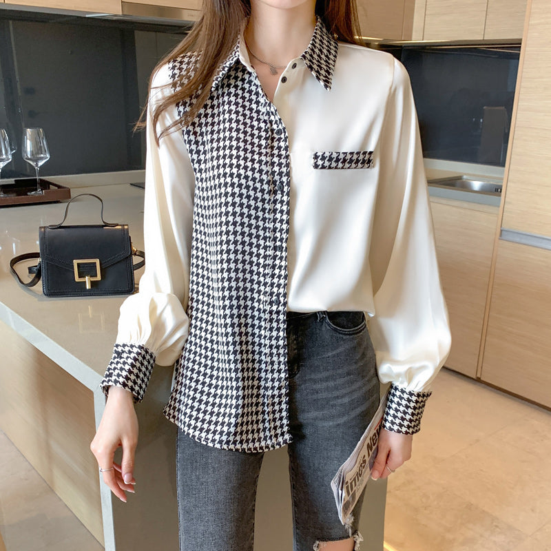 Long Sleeve Houndstooth Satin Blouse Shirt – Nada Outfit Land