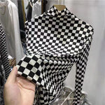 Long Sleeve Turtleneck Checkerboard Plaid Stretchy Shirt