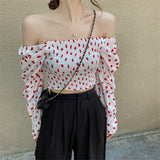 Sexy Slash Neck Strawberry Pattern Puff Sleeve Shirt