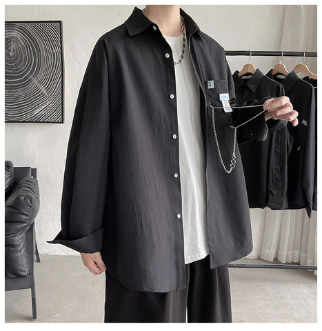 Long Sleeve Loose Casual Men Shirt With Chain