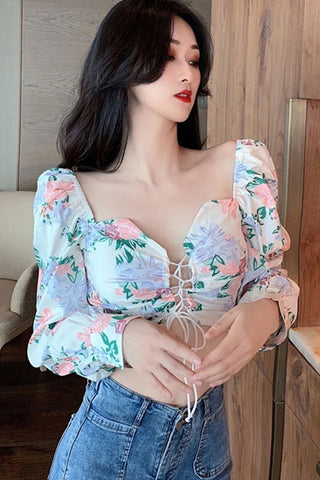 Long Sleeve Sexy Square Collar Floral Pattern Crop Tops