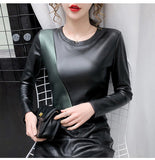 Long Sleeve Color Spliced Leather Blouse Shirts
