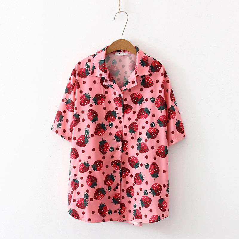 Strawberry Printed Short Sleeve Blouse Shirt – Nada Outfit Land