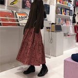High Waist A-Line Flower Printed Corduroy Long Skirt