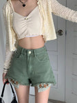 High Waist Floral Embroidered Green Shorts Jeans