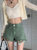 High Waist Floral Embroidered Green Shorts Jeans