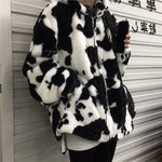 Loose Cow Pattern Hooded Fleece Jackets