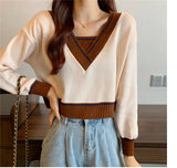 V-Neck Retro Panelled Cropped Sweater