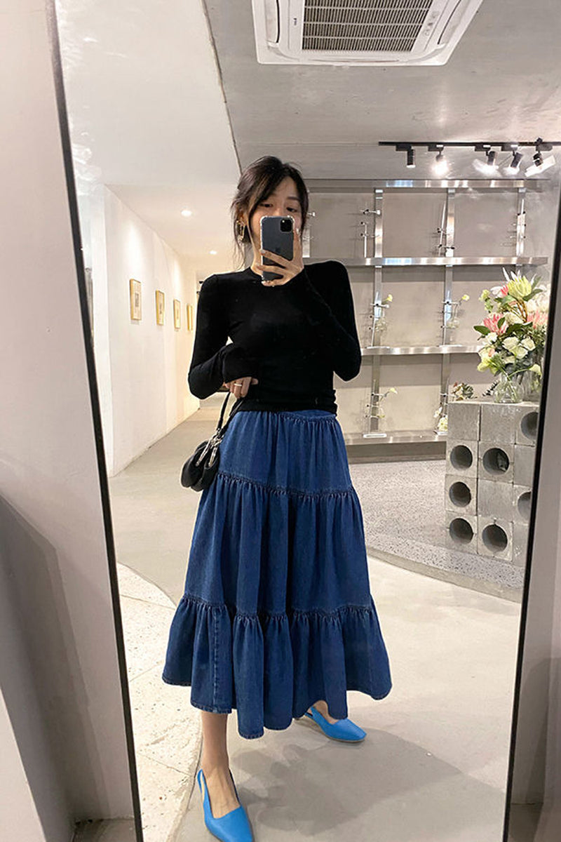 High Waist Ruffles A-Line Long Denim Skirt – Nada Outfit Land