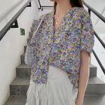 Notched Collar Floral Pattern Blouse Shirt