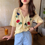 Sweet V-Neck Flowers Embroidered Shirts