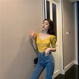Puff Sleeve Square Collar Knitted Crop Tops