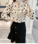 Lace Bow Polka Dot Pattern V-Neck Blouse Shirt