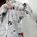 Newspaper Printed Turn Down Collar Blouse Shirt