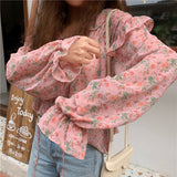 Long Sleeve Ruffled Style Flowers Blouse Shirt