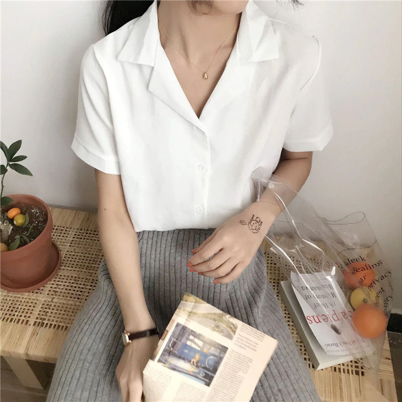 Notched Short Sleeve Blouse Shirt – Nada Outfit Land