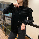Vintage Button Solid Black Velvet Shirt