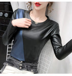 Long Sleeve Color Spliced Leather Blouse Shirts