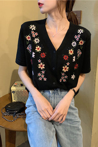 Short Sleeve V-Neck Floral Embroidered Shirts