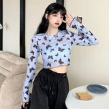 Long Sleeve Butterfly Transparent Mesh Cropped Shirt