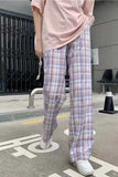 High Waist Cute Pink Plaid Long Pants