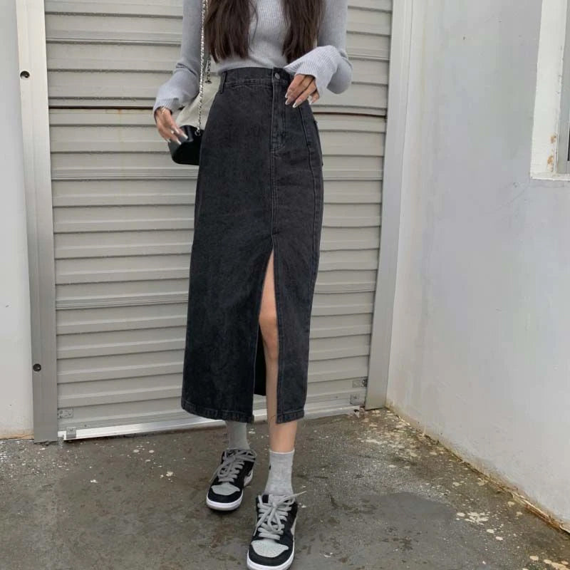 High Waist Side Slit Mid Length Denim Skirt – Nada Outfit Land