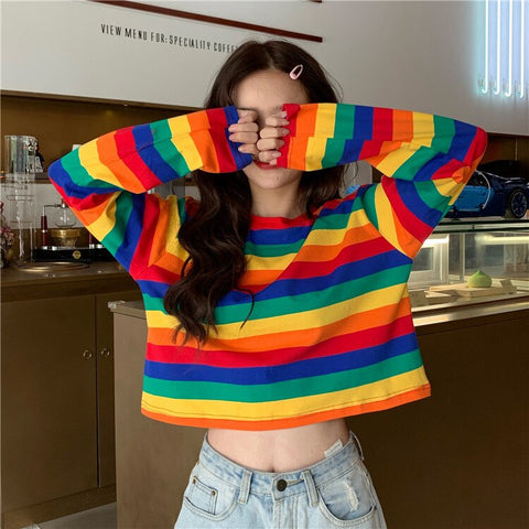 Long Sleeve Cute Rainbow Striped Shirt – Nada Outfit Land