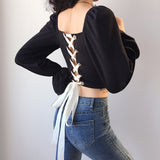 Belted Back Hollow Out Long Sleeve Square Collar Crop Tops