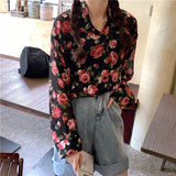 Rose Floral Elegant Retro Loose Blouse Shirt