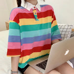 Colorful Rainbow Striped Polo Collar Shirt