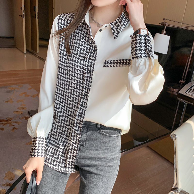 Long Sleeve Houndstooth Satin Blouse Shirt – Nada Outfit Land