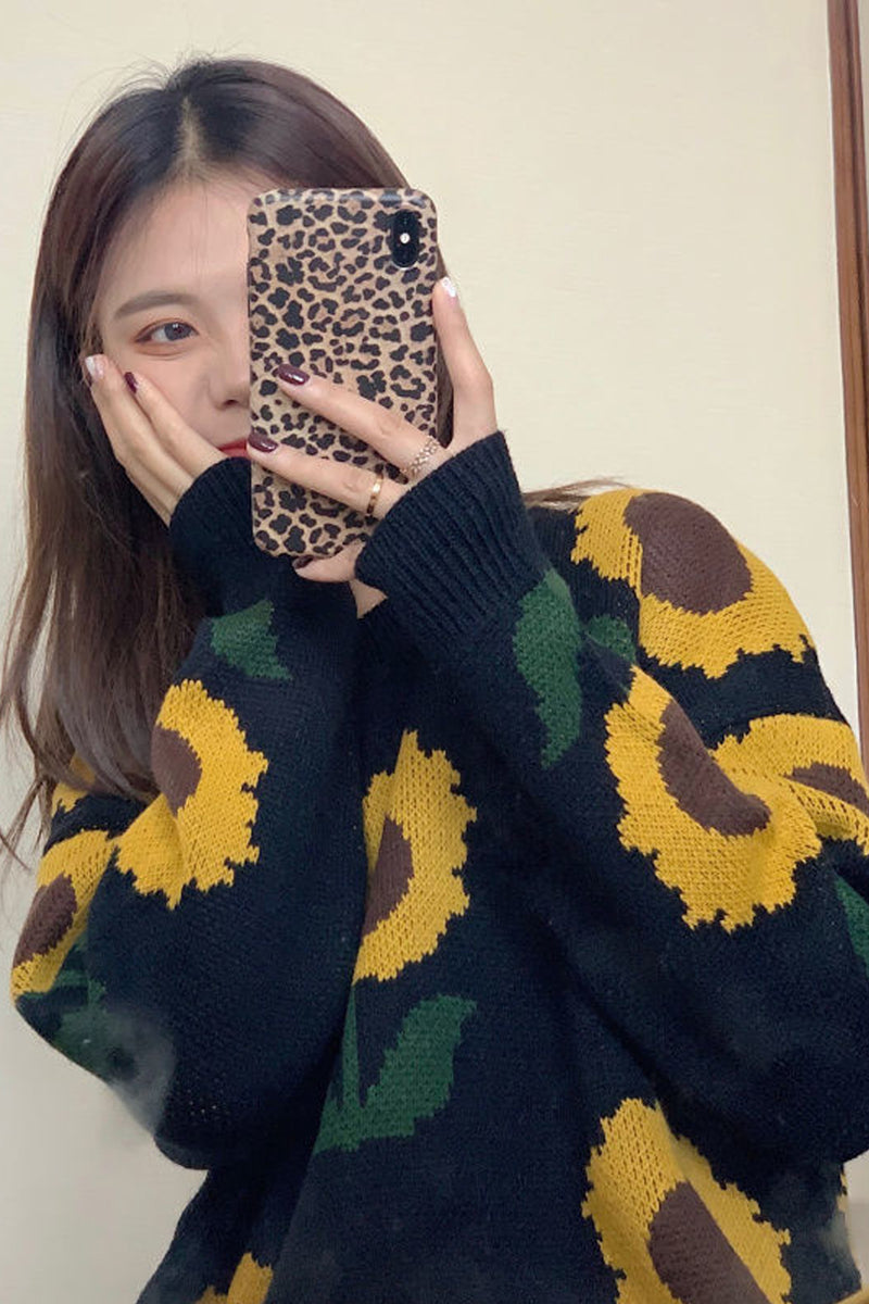 O-Neck Sun Flower Pattern Knitted Sweater – Nada Outfit Land