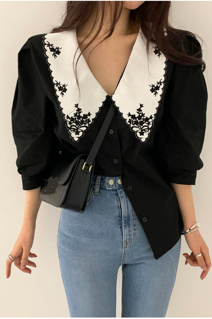 Elegant Floral Embroidered Retro Collar Blouse Shirt – Nada Outfit Land