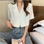 Short Sleeve Notched Style Cropped Blouse Shirts