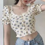 Floral Pattern Lace Square Collar Crop Tops