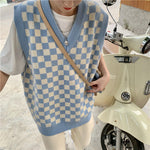V-Neck Plaid Checkered Knitted Vest Sweater