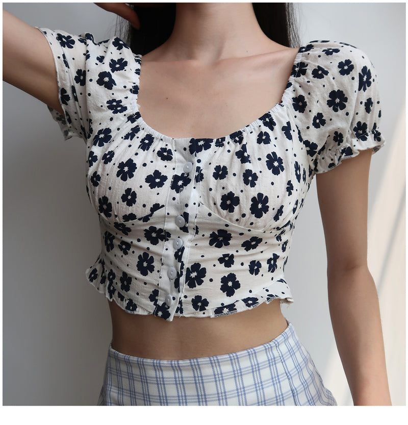Black Daisy Puff Sleeve Sexy Cropped Shirt – Nada Outfit Land