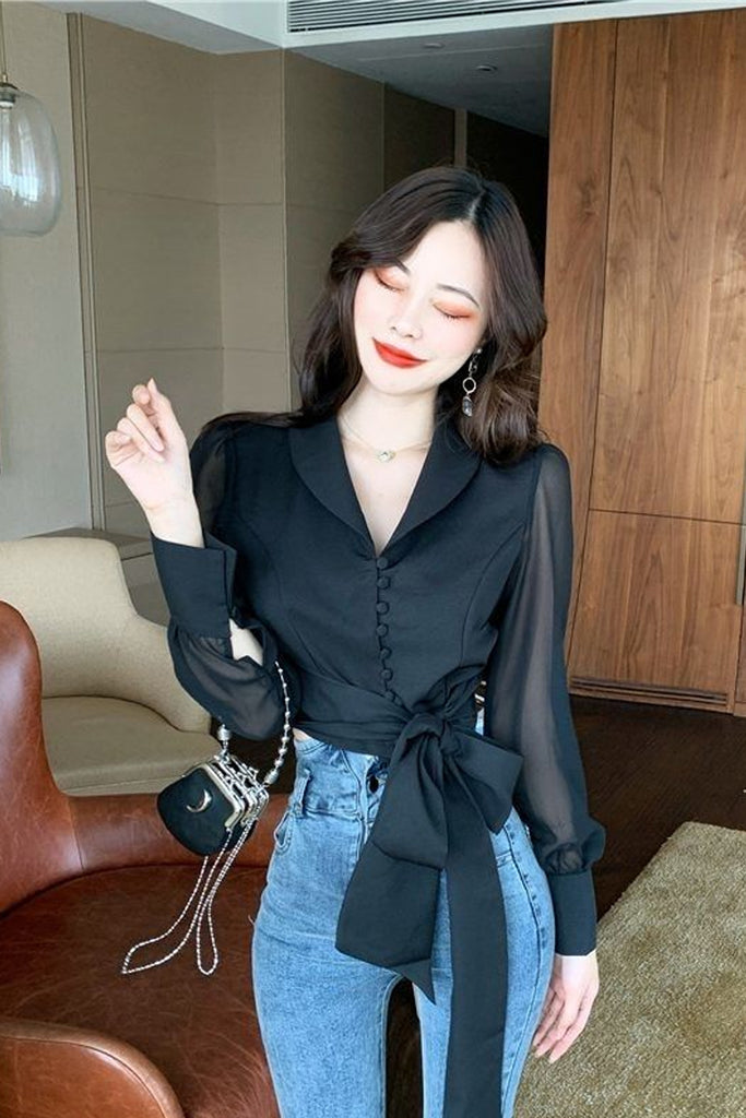 Long Sleeve Lapel Collar Cute Bow Office Blouse Shirt – Nada Outfit Land